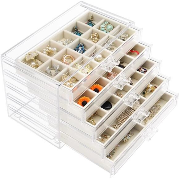 Acrylic Jewelry Box with Drawers, Clear Earring Storage Organizer